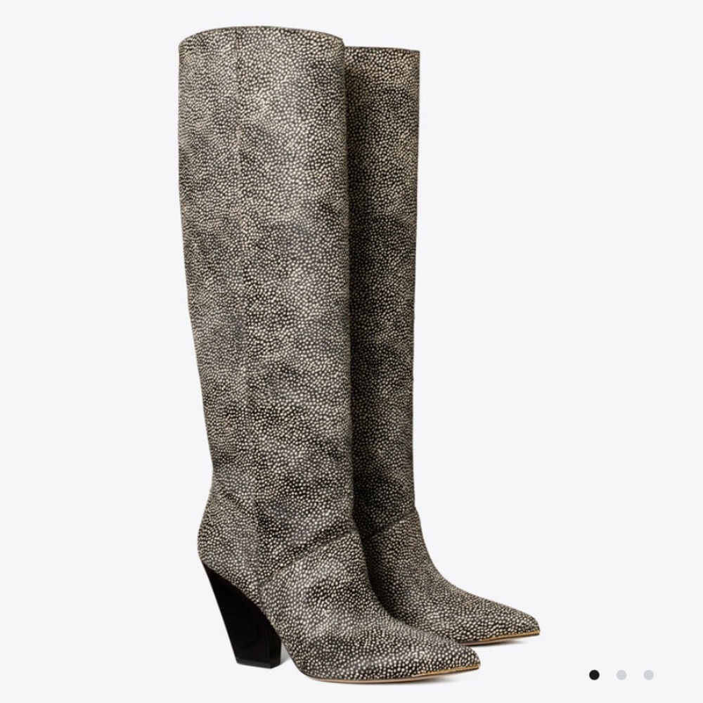TORY BURCH LILA HAIRCALF KNEE BOOT IN SPOTTED BLACK/WHITE PRINT SIZE US 8 & 8.5 - Picture 2 of 5